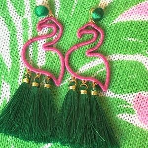 Preppy Pink Flamingo Earrings With Tassels